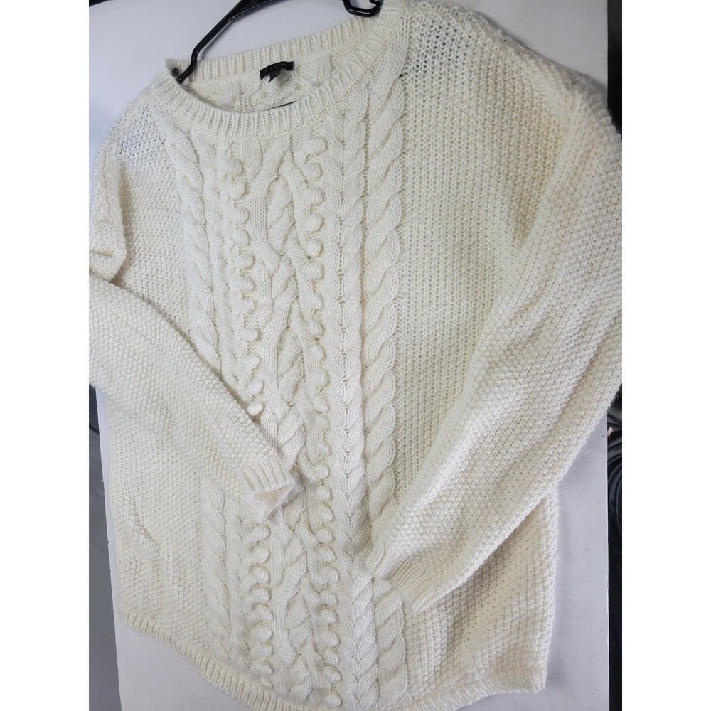 Talbots Womens Large Cream White Cable Knit Bobble Pom Pom Crewneck Sweater L